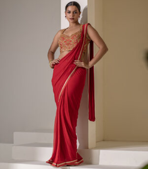 crimsom red GEORGETTE pre draped saree with heavy embelleshed blouse