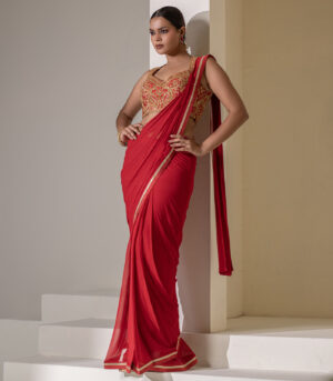 crimsom red GEORGETTE pre draped saree with heavy embelleshed blouse