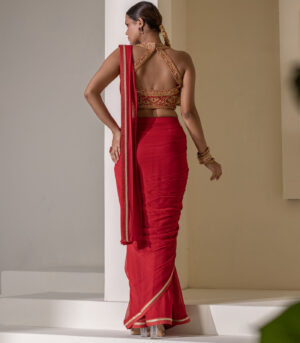 crimsom red GEORGETTE pre draped saree with heavy embelleshed blouse