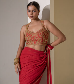 crimsom red GEORGETTE pre draped saree with heavy embelleshed blouse