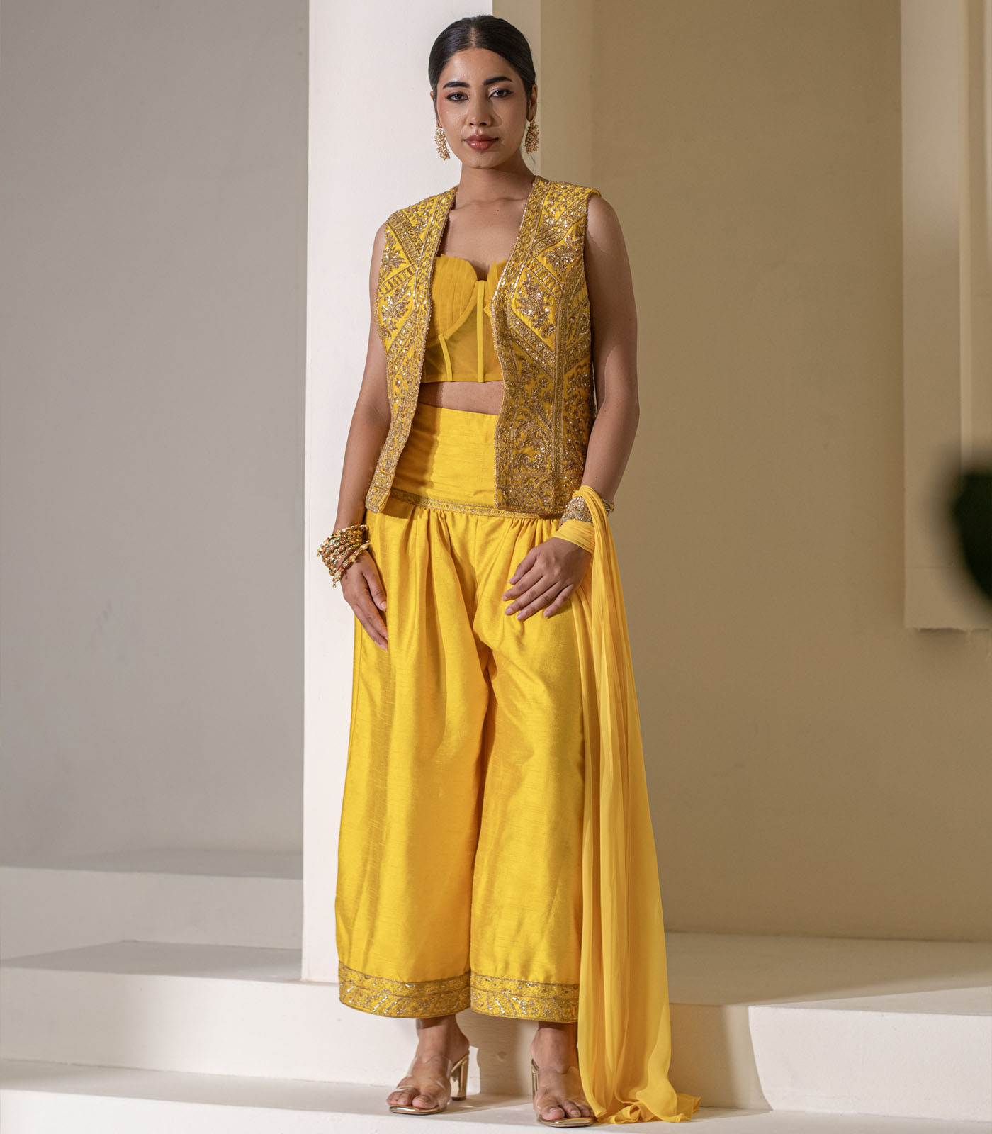 sunshine Yellow Heavy Embellished ethnic designer Jacket Set