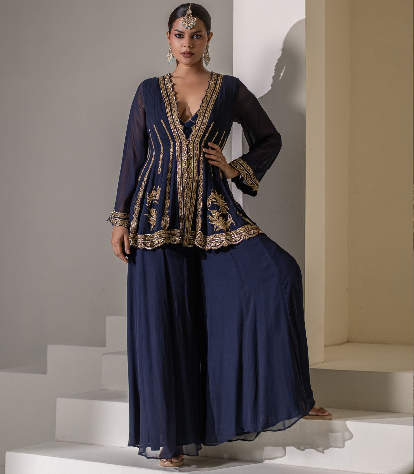 Dark Blue Heavy Embellished georgette Kalidar Jacket Set