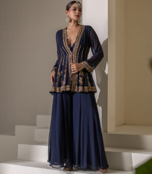 Dark Blue Heavy Embellished georgette Kalidar Jacket Set