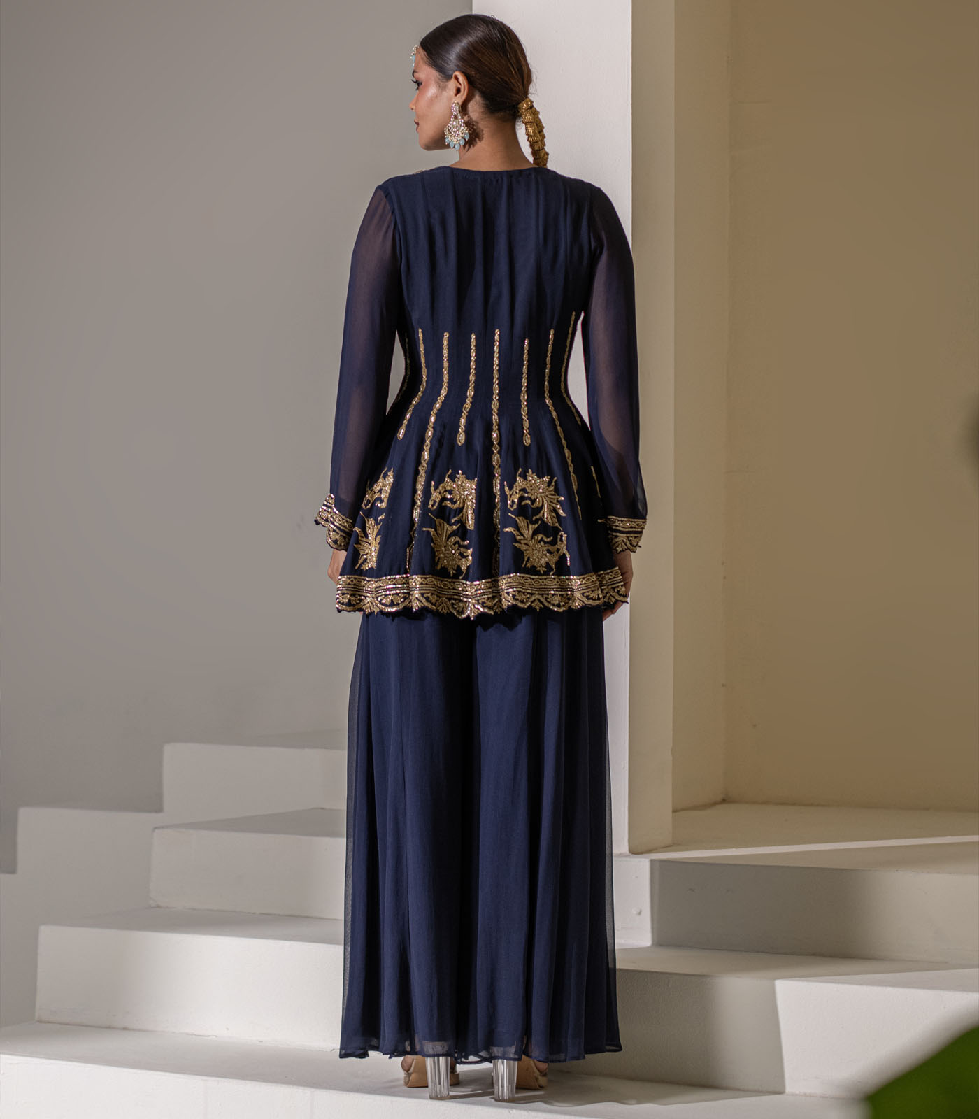 Dark Blue Heavy Embellished georgette Kalidar Jacket Set - Image 4