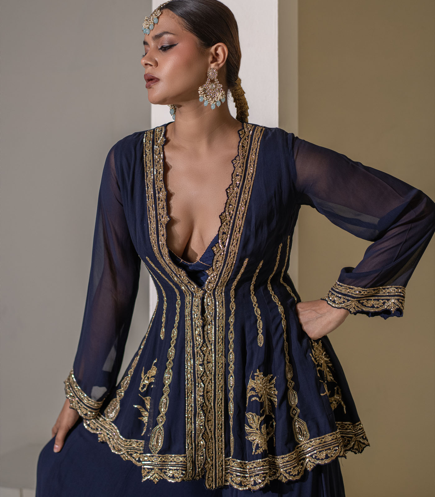 Dark Blue Heavy Embellished georgette Kalidar Jacket Set - Image 5