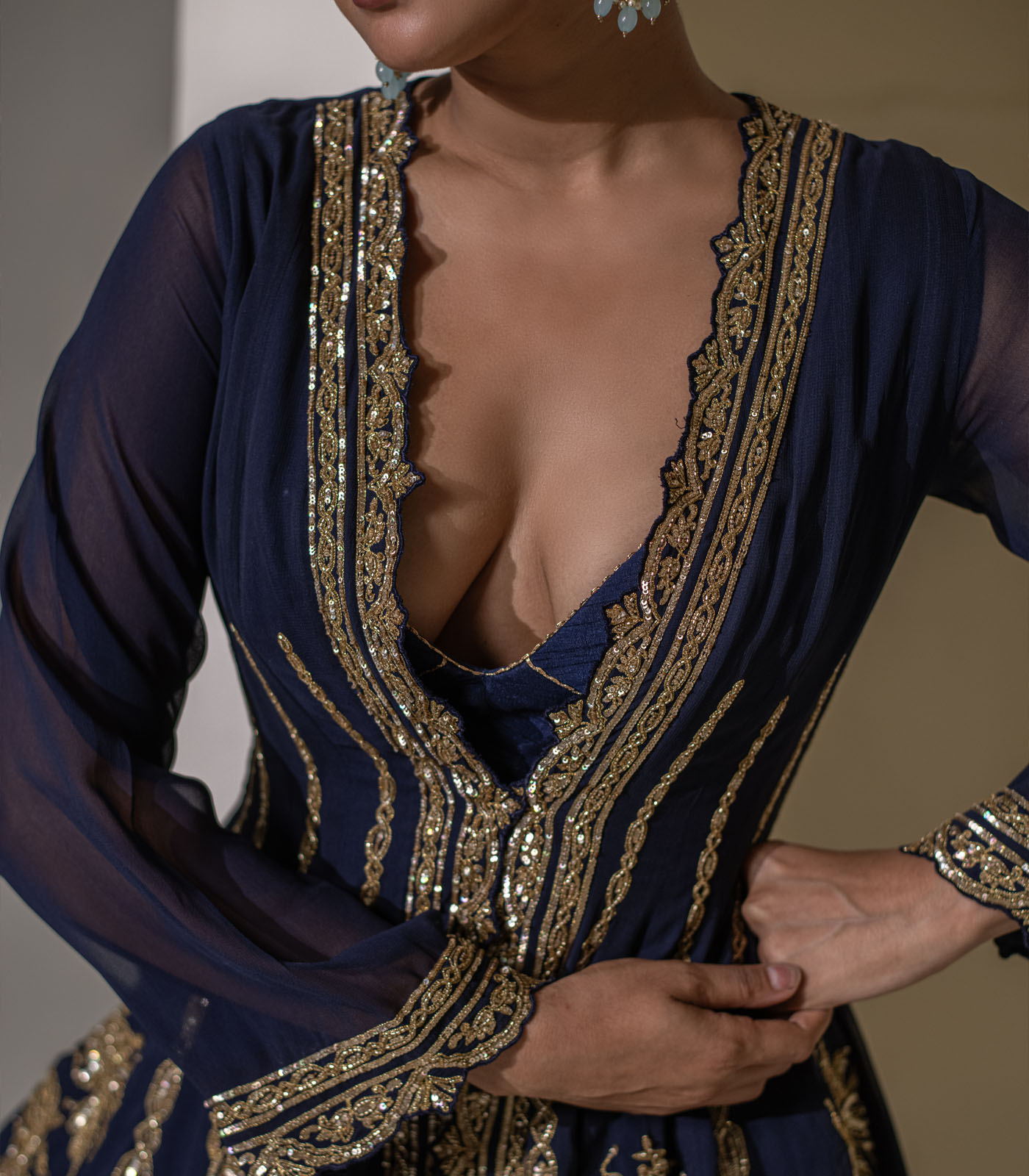 Dark Blue Heavy Embellished georgette Kalidar Jacket Set - Image 2