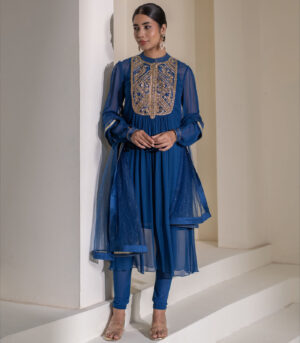 Blue Embellished Yoke Georgette Kurta deigner Dress