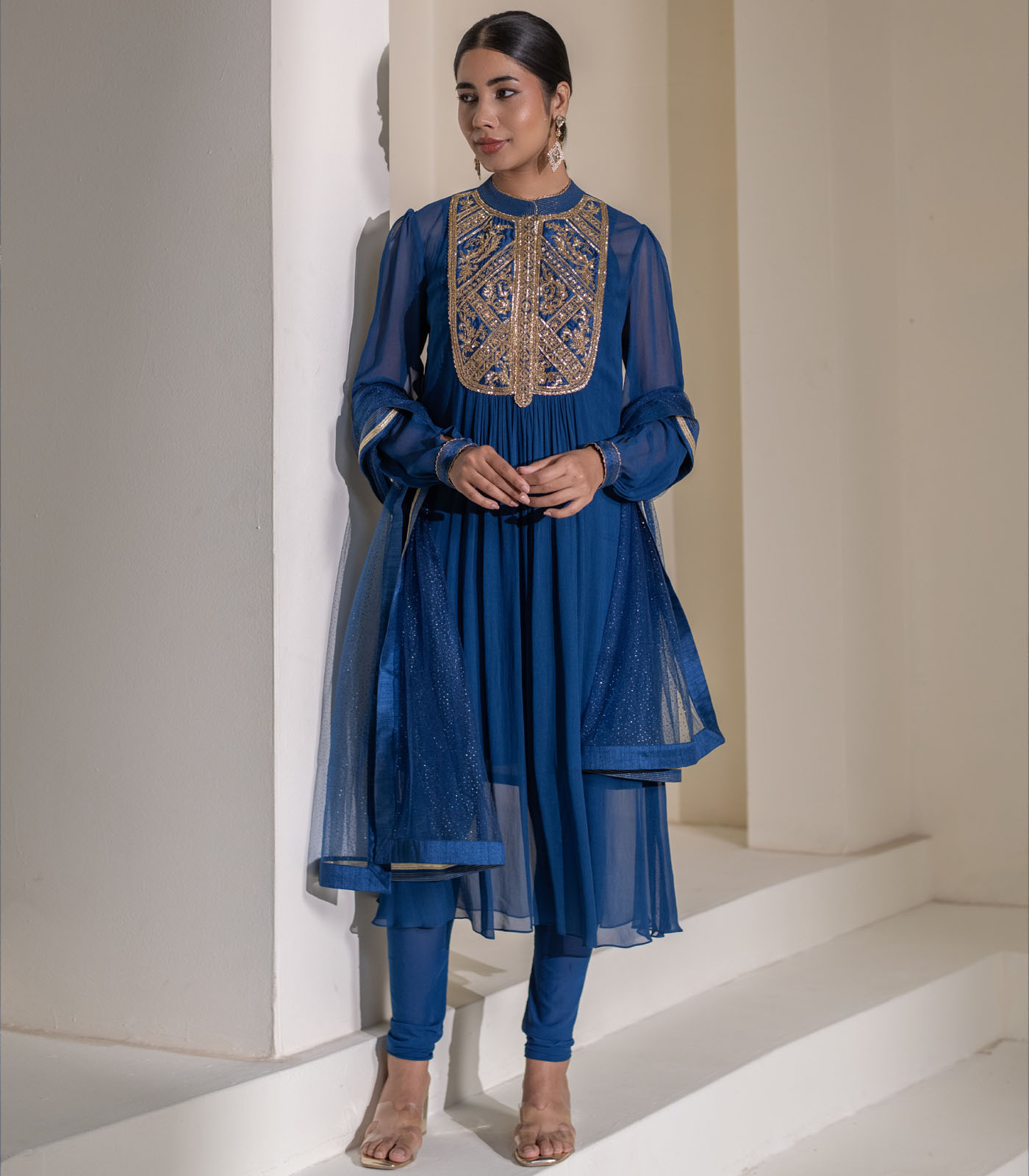 Blue Embellished Yoke Georgette Kurta deigner Dress
