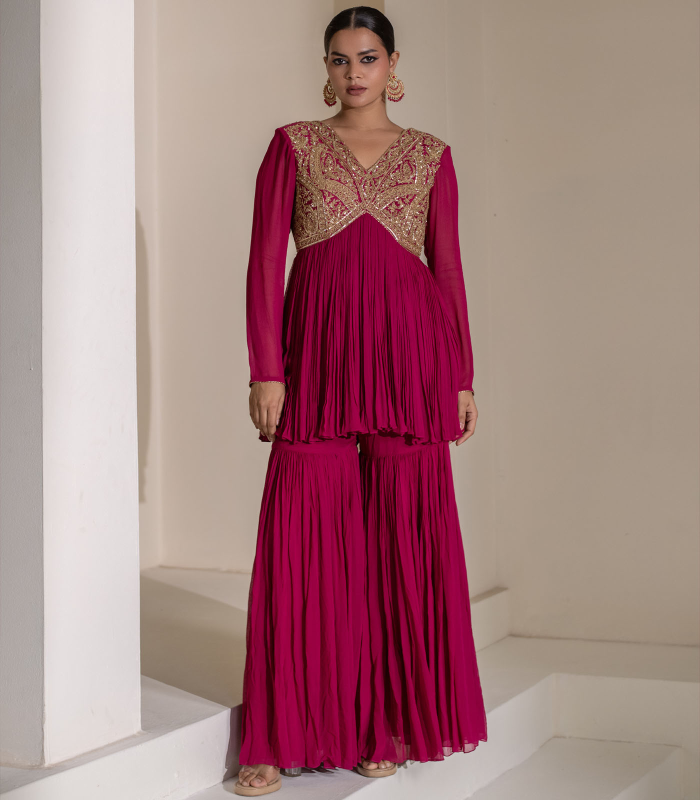 Magenta Pink Gathered V-Neck Embellished Short Tunic Sharara Set