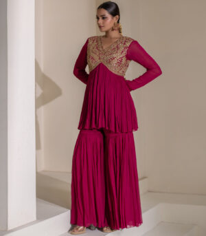 Magenta Pink Gathered V-Neck Embellished Short Tunic Sharara Set