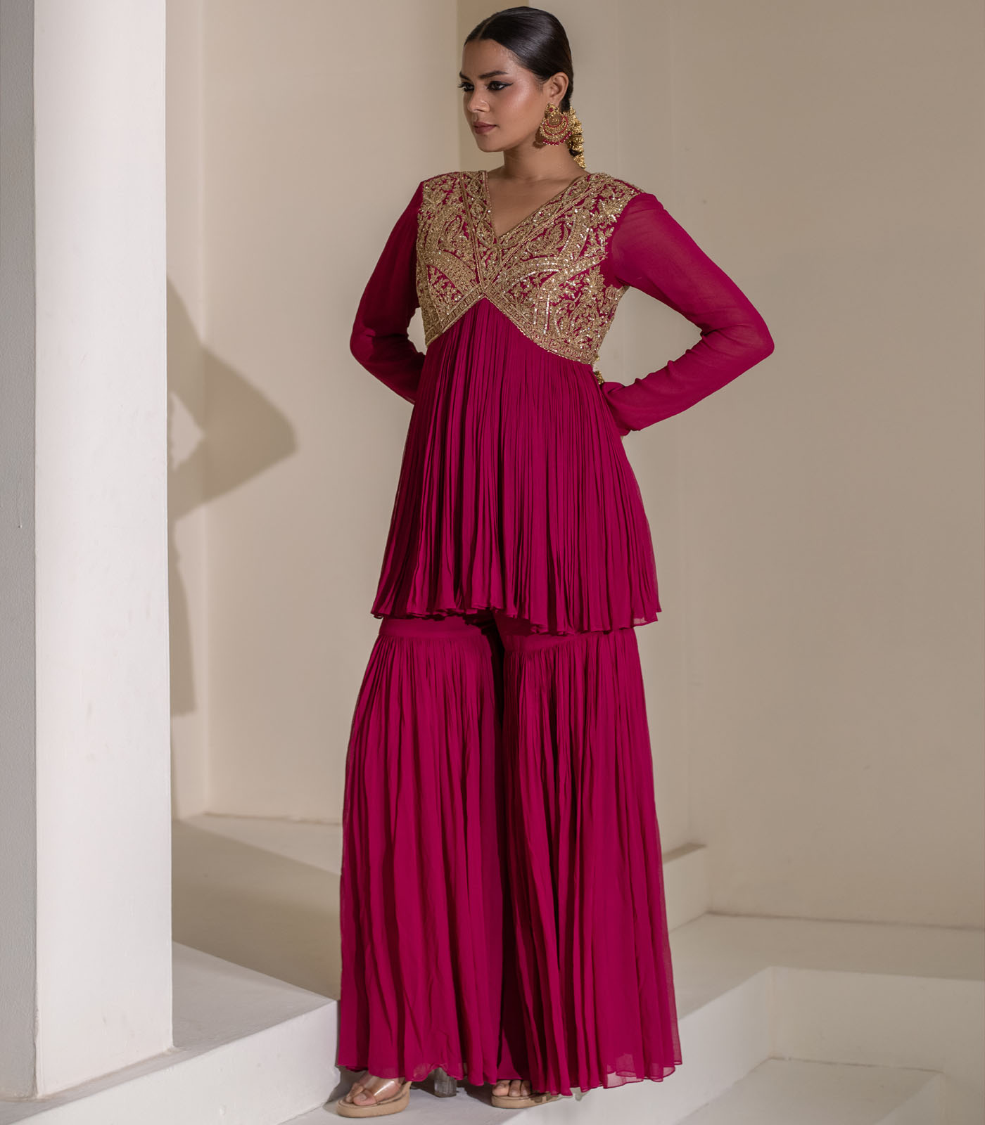 Magenta Pink Gathered V-Neck Embellished Short Tunic Sharara Set - Image 2