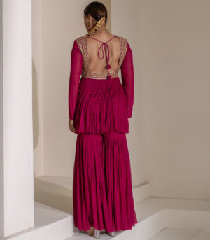 Magenta Pink Gathered V-Neck Embellished Short Tunic Sharara Set