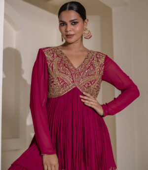Magenta Pink Gathered V-Neck Embellished Short Tunic Sharara Set