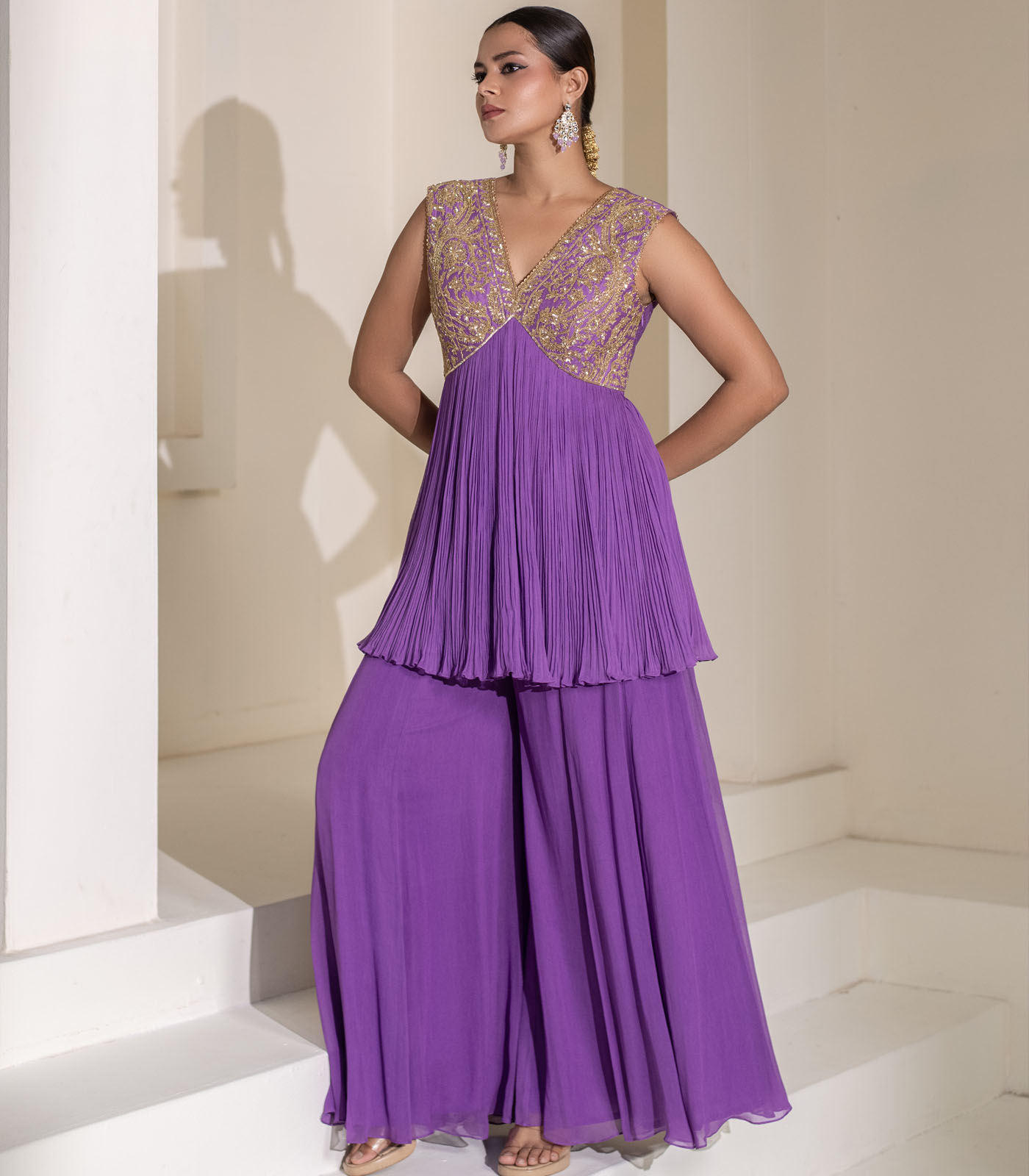Purple Gathered V-Neck Embellished Short Tunic Sharara Set