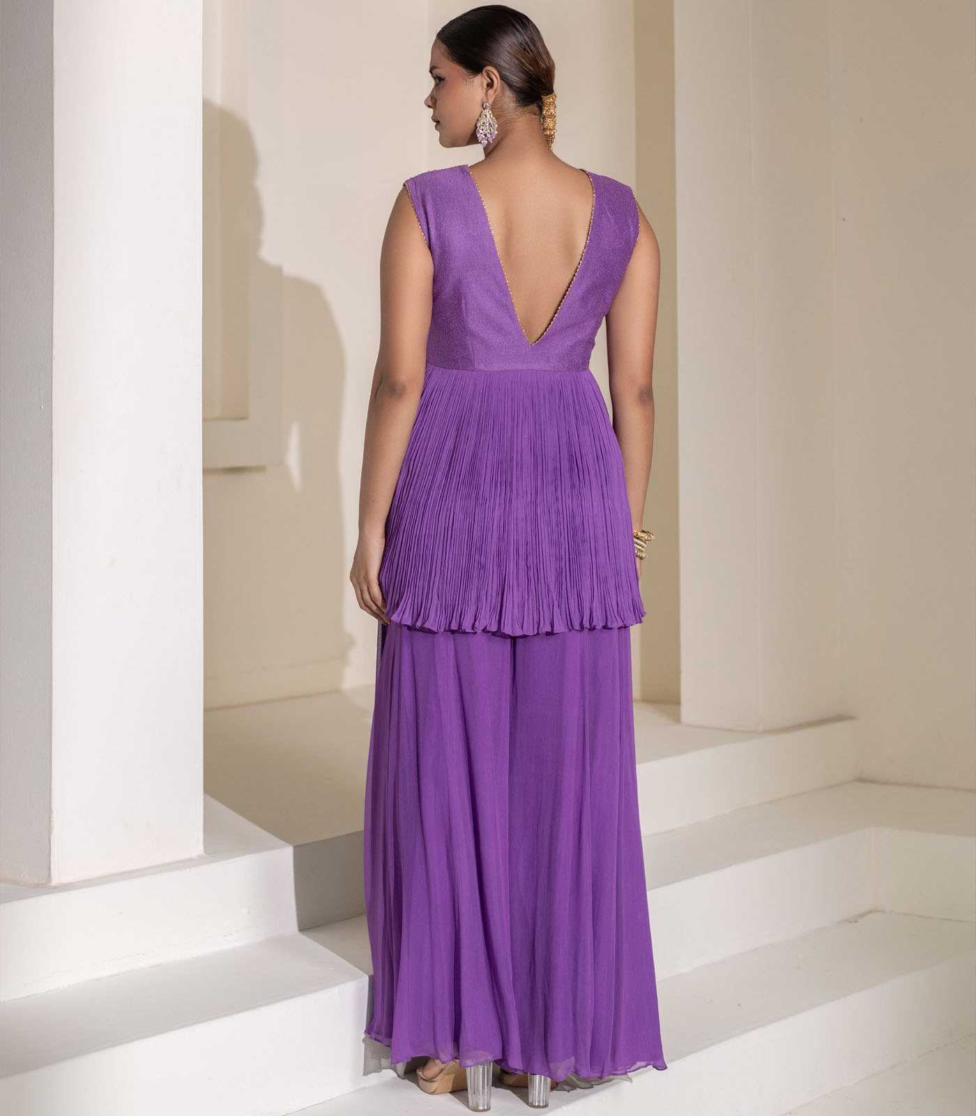 Purple Gathered V-Neck Embellished Short Tunic Sharara Set - Image 2