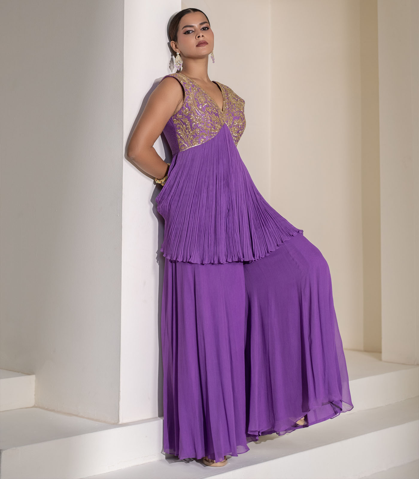Purple Gathered V-Neck Embellished Short Tunic Sharara Set - Image 3