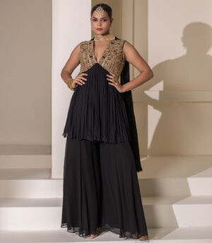 Black Gathered V-Neck Embellished Short Tunic Sharara Set
