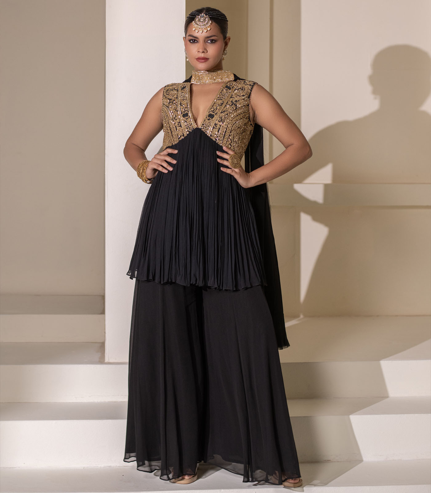 Black Gathered V-Neck Embellished Short Tunic Sharara Set