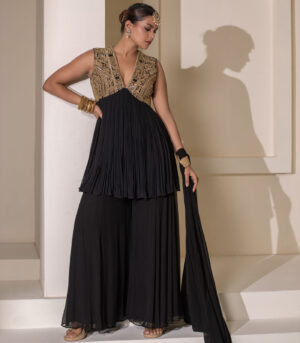 Black Gathered V-Neck Embellished Short Tunic Sharara Set