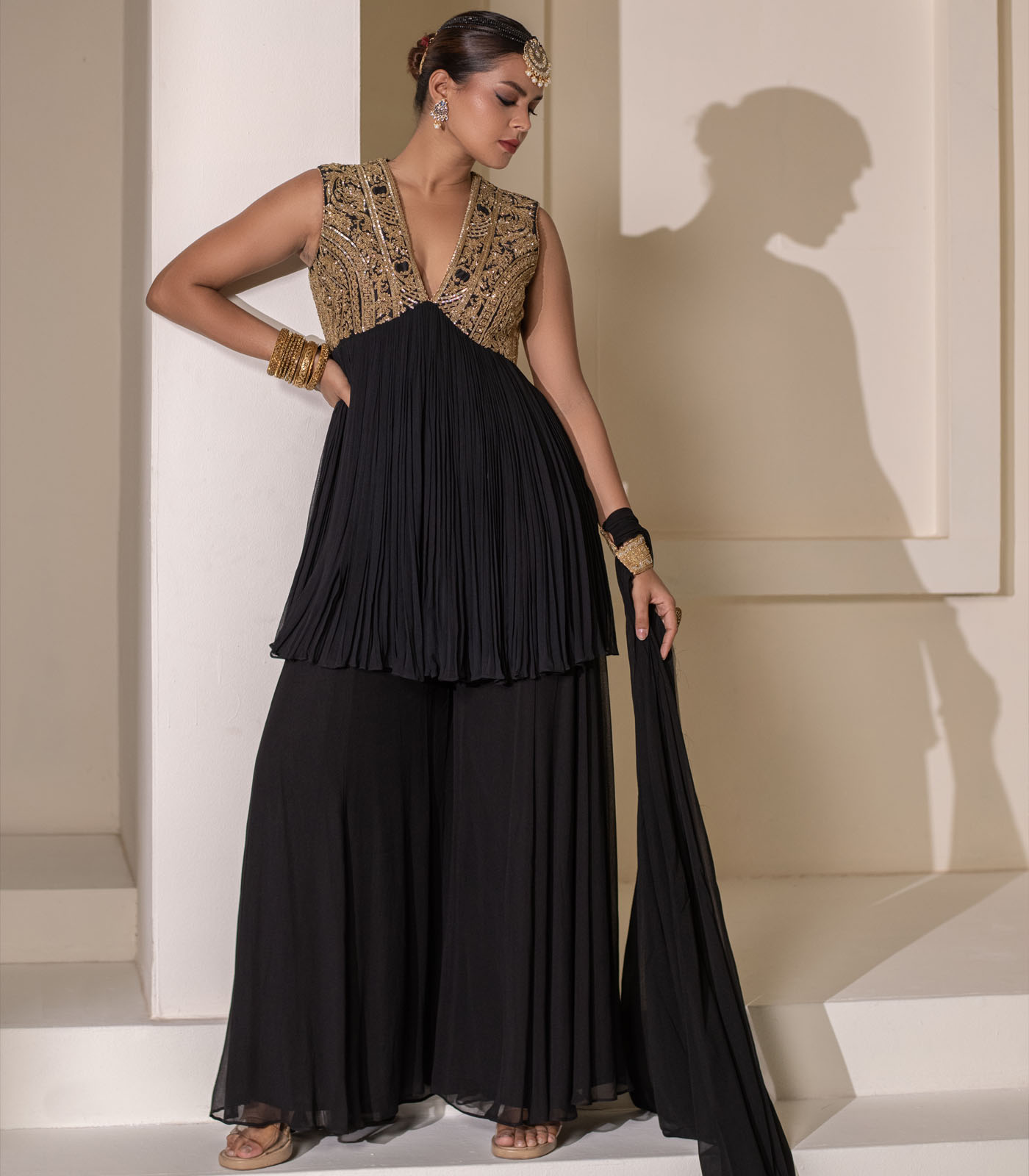 Black Gathered V-Neck Embellished Short Tunic Sharara Set - Image 3