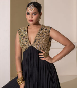 Black Gathered V-Neck Embellished Short Tunic Sharara Set